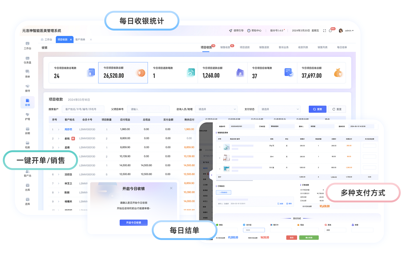 建立以求美者为中心的全流程服务体验管理，即时建立业务操作，一键接待，快捷开单，高效完成优质服务