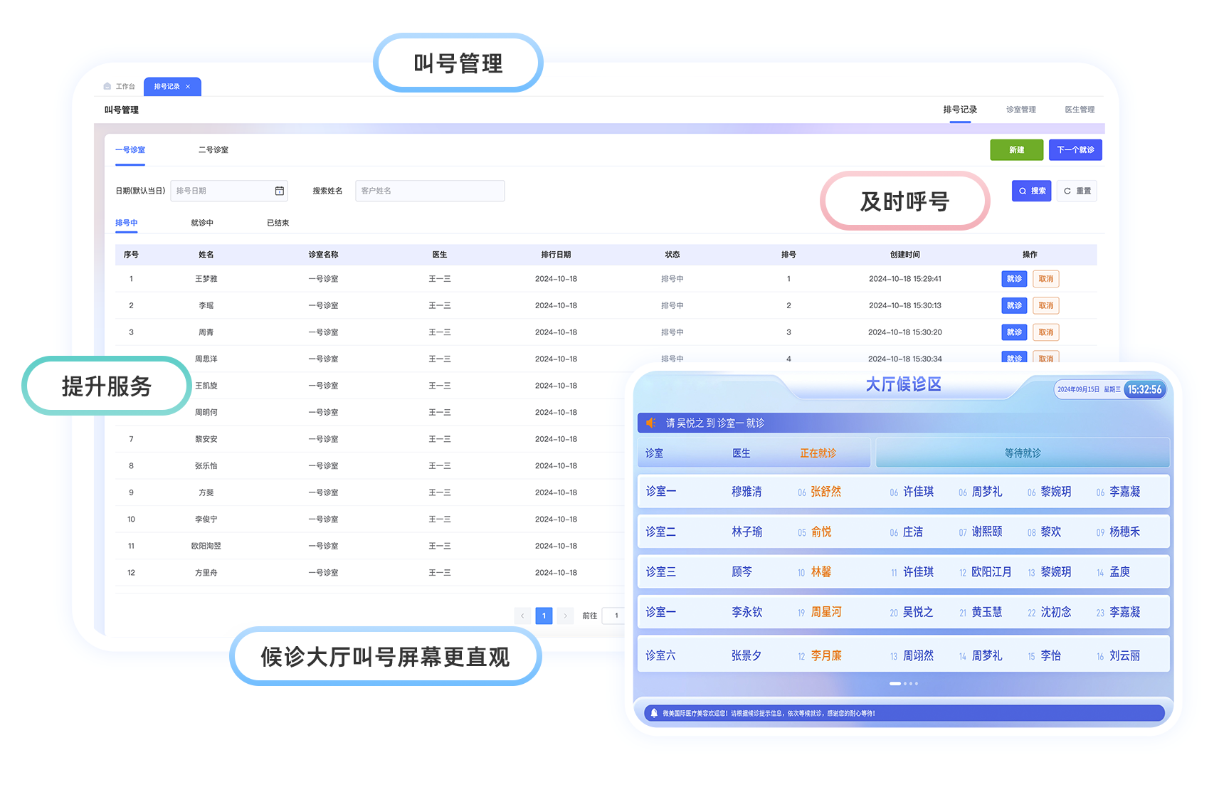 分诊屏+叫号系统，实现门诊窗口高效排队叫号，更好地提升服务体验
